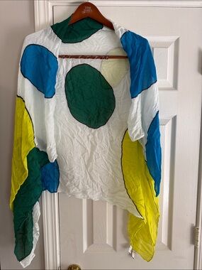 Loft Polka Dot Square Lightweight White with Blue & Green Graphic Circles Scarf